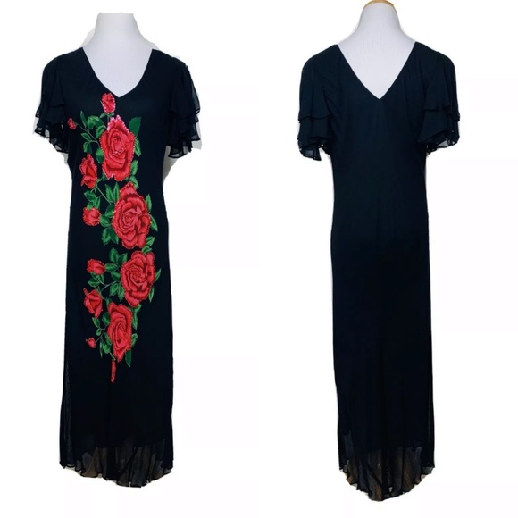 raiment Dresses & Skirts - ViTG 80s Raiment Black Flutter Sleeve Beaded Roses